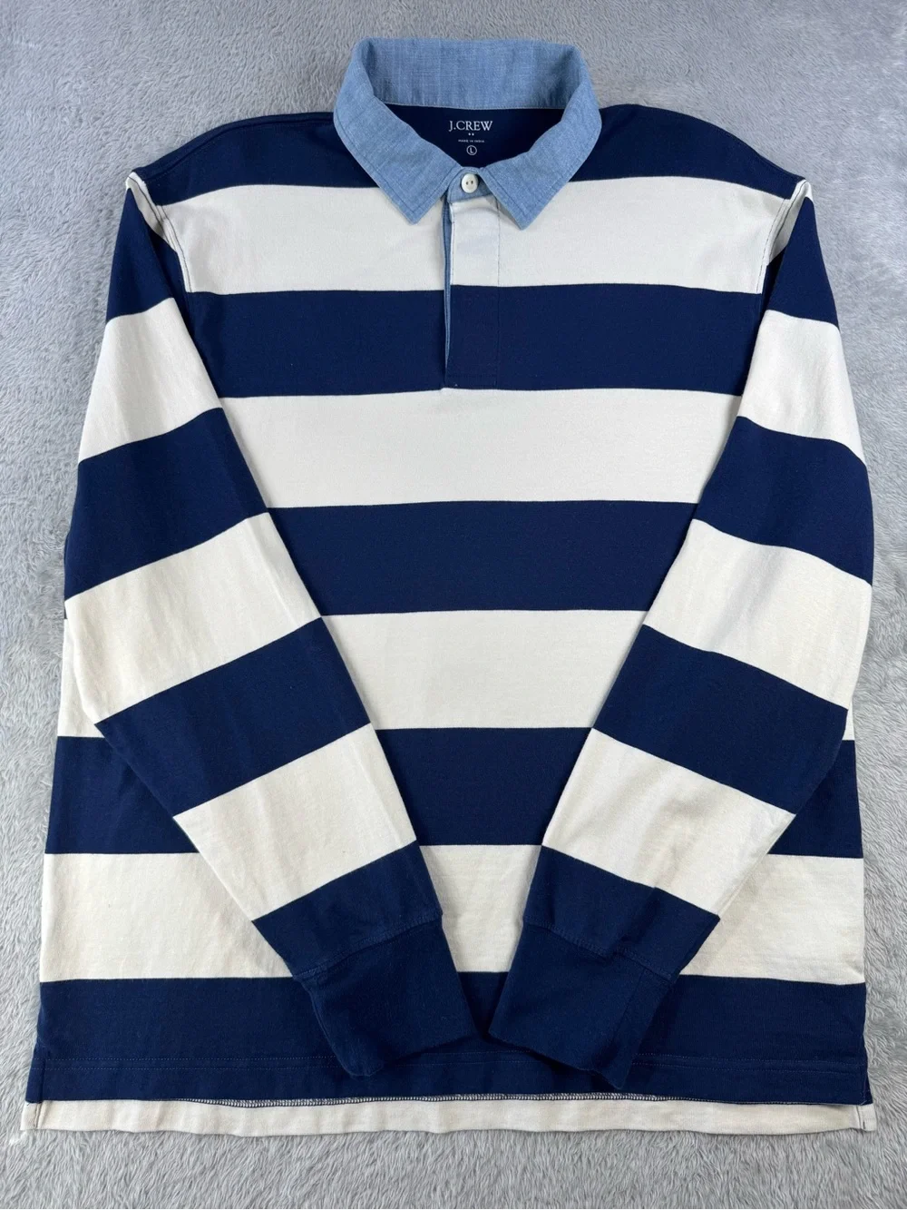 J.Crew Factory Mens L Rugby Shirt Navy Ivory Stripe Chambray Collar Preppy
